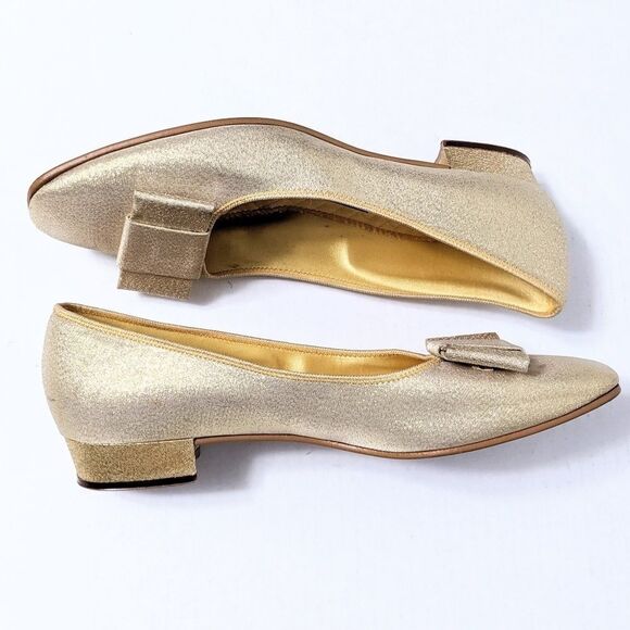Vintage DANIEL GREEN Gold Sparkle Bow Low Heels 7 - Picture 2 of 9